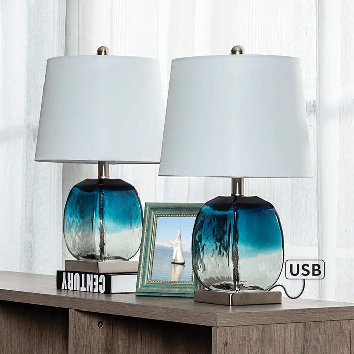 Maxax Blue Clear Glass Table Lamp with USB charging port Set of 2 #T16