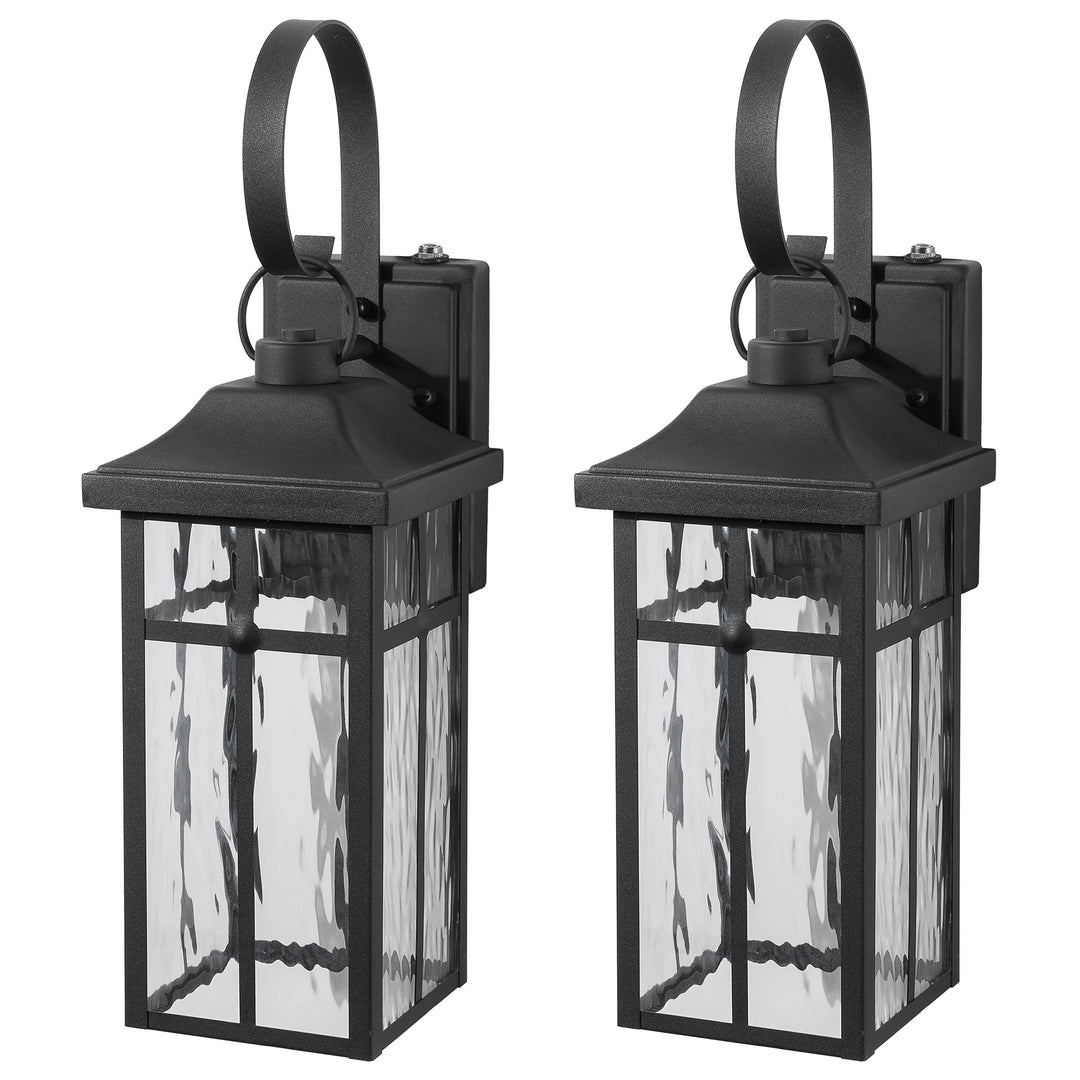 19" 1-Light Farmhouse Outdoor Wall Lantern, Dusk to Dawn &amp; 3CCT Selectable, Waterproof Black Frame with Water Ripple Glass 