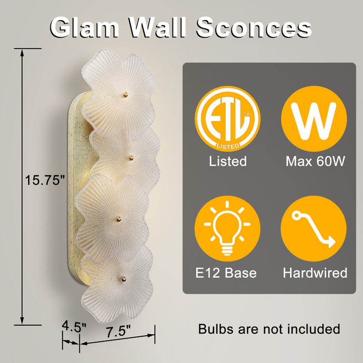 Lumin 3 - Light 𝟭𝟵.𝟱-𝗜𝗡𝗖𝗛 𝗪 Dimmable Metal Brass Etl Wall Sconces With Petal-shaped Glass #48003