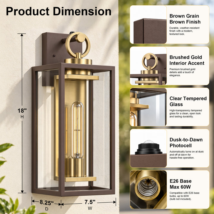18.11" 1-Light Dusk-to-Dawn Outdoor Wall Sconce, Waterproof Matte Black Lantern with Clear Glass &amp; Brushed Gold Interior 
