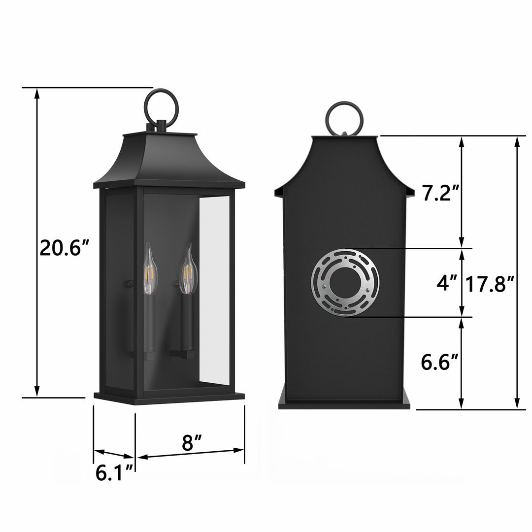 Lawyettle Black Outdoor Wall Light, 20.6-Inch Dusk to Dawn Sensor Exterior Lantern, Waterproof Porch Wall Sconce with 2-Light E12 Socket for Patio, Doorway, Garage #7076-2BK