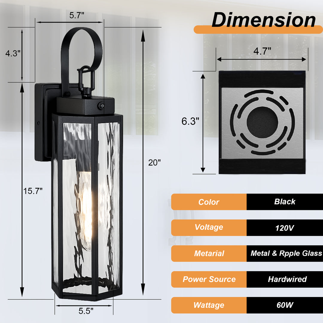 20" Farmhouse Outdoor Wall Sconce, Waterproof Dusk to Dawn Light with Matte Black Frame &amp; Water Ripple Glass 