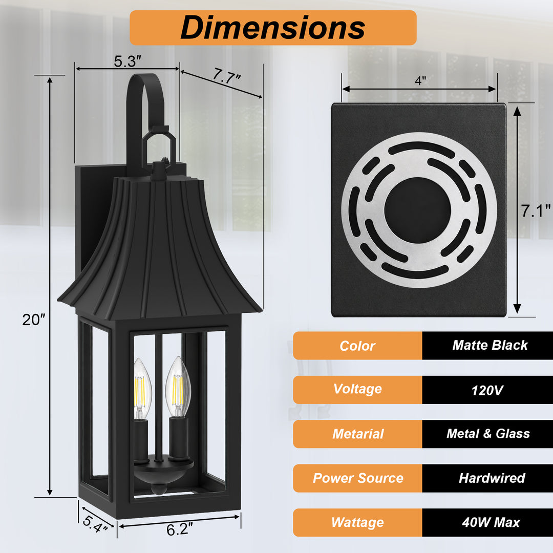 16" 1-Light Farmhouse Outdoor Wall Sconces with Dusk to Dawn Photocell, Weatherproof Matte Black Lanterns with Clear Glass, Set of 2 