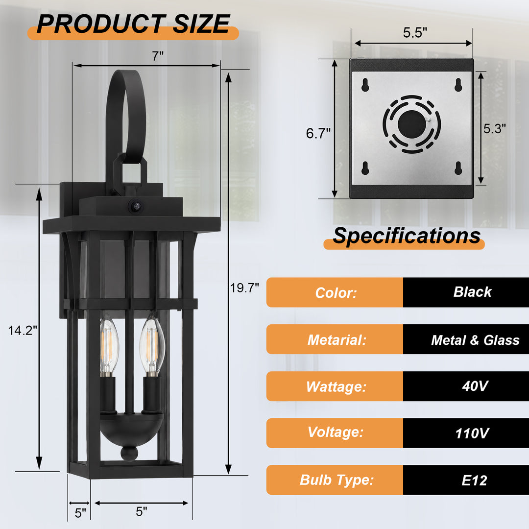 19.7" 2-Light Farmhouse Outdoor Wall Sconce with Dusk to Dawn Photocell, Weatherproof Matte Black Frame &amp; Clear Tempered Glass 