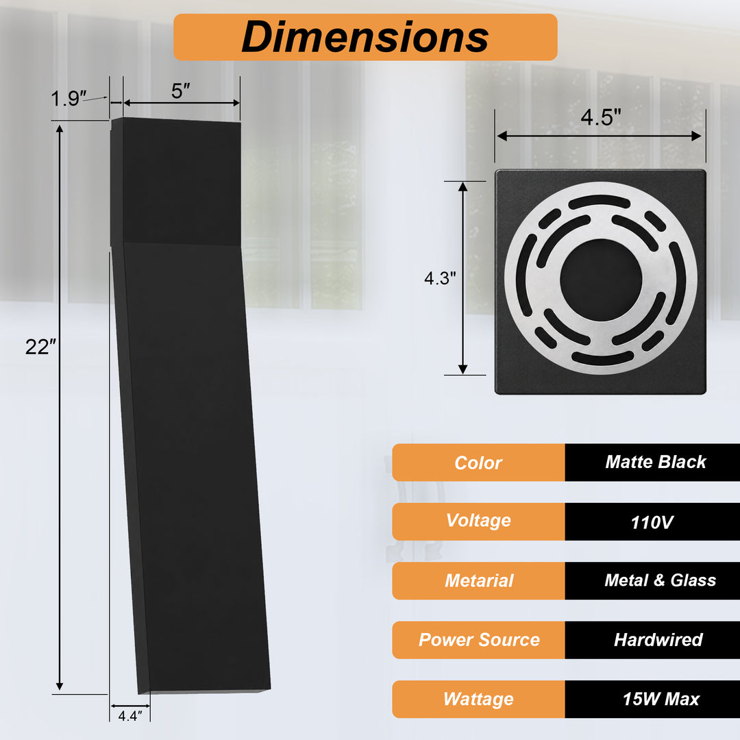22" Modern LED Outdoor Wall Sconce, Dimmable Up &amp; Down Lighting, Weatherproof Matte Black Iron, Hardwired Porch Light 