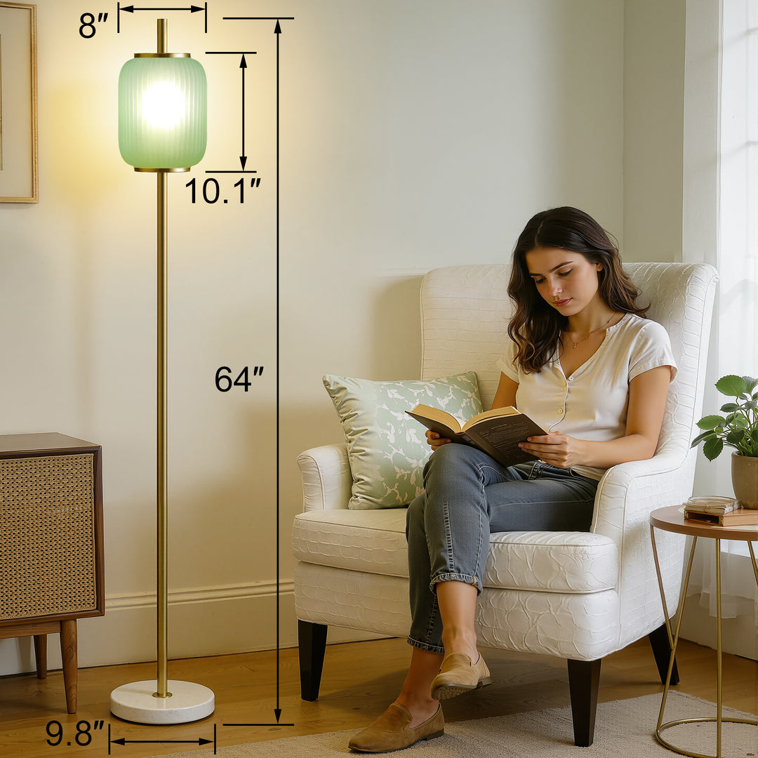 64" Modern Brass Floor Lamp With Ribbed Green Glass Shade And Marble Base, Tall Standing Light For Living Room And Bedroom #