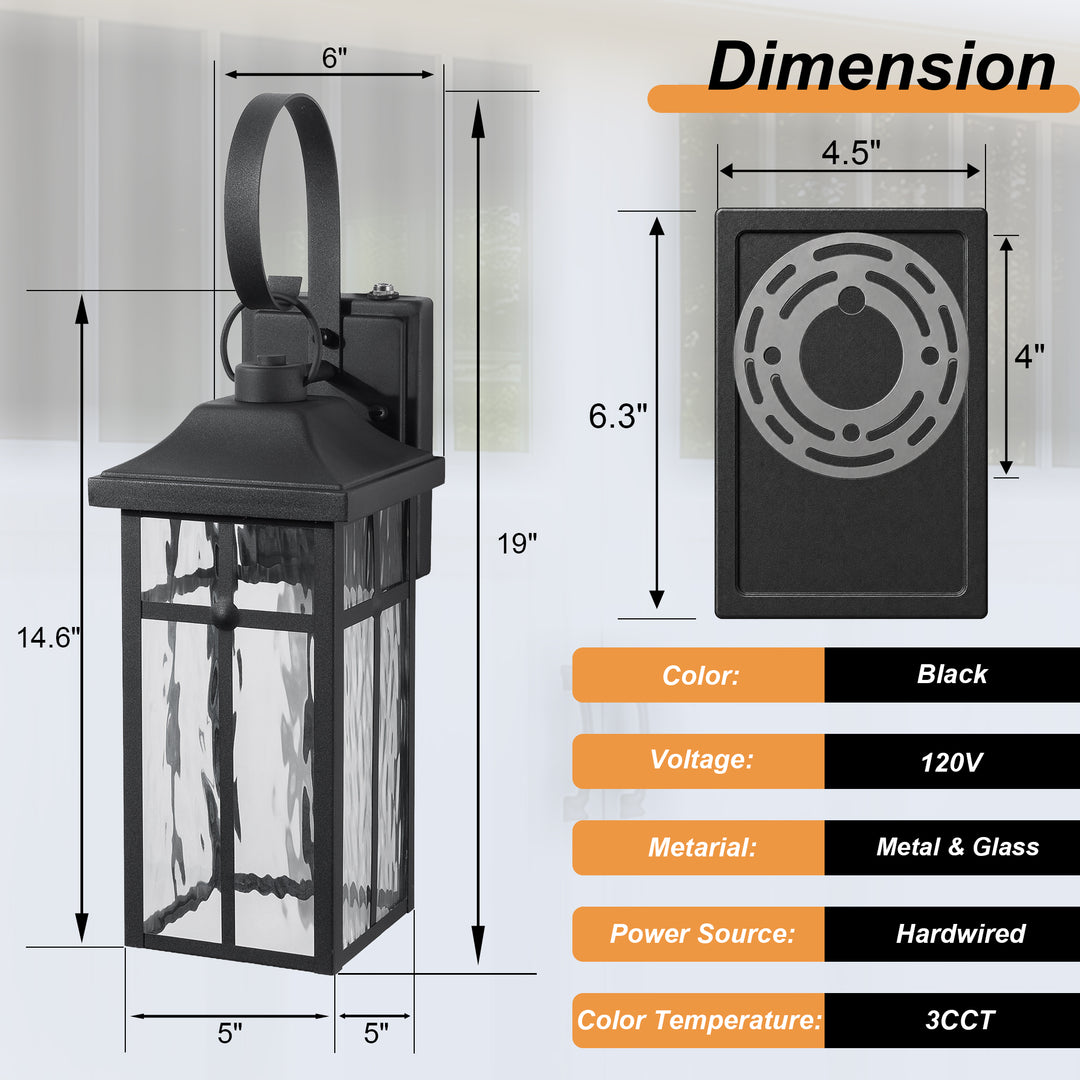 19" 1-Light Farmhouse Outdoor Wall Lantern, Dusk to Dawn &amp; 3CCT Selectable, Waterproof Black Frame with Water Ripple Glass 