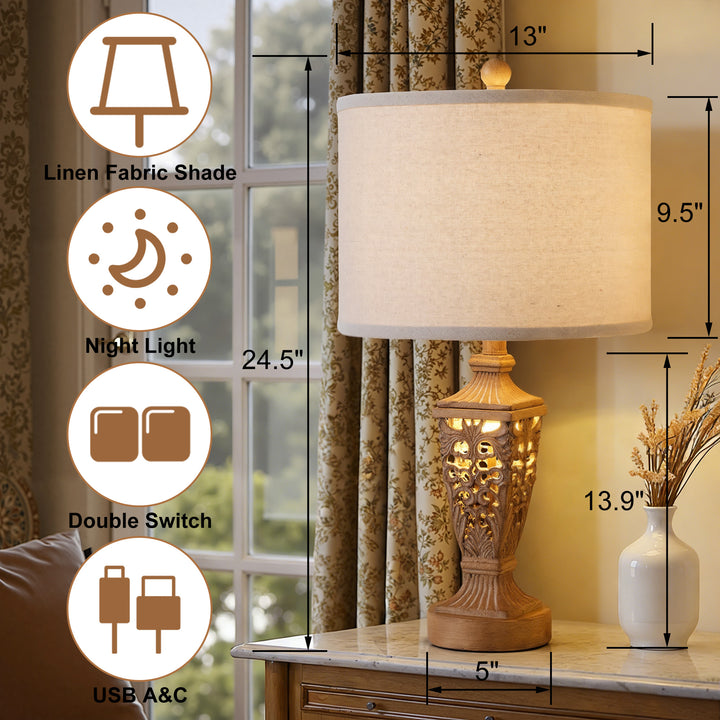 Farmhouse Carved Resin Table Lamp Set with Linen Drum Shades (Set of 2) #T278