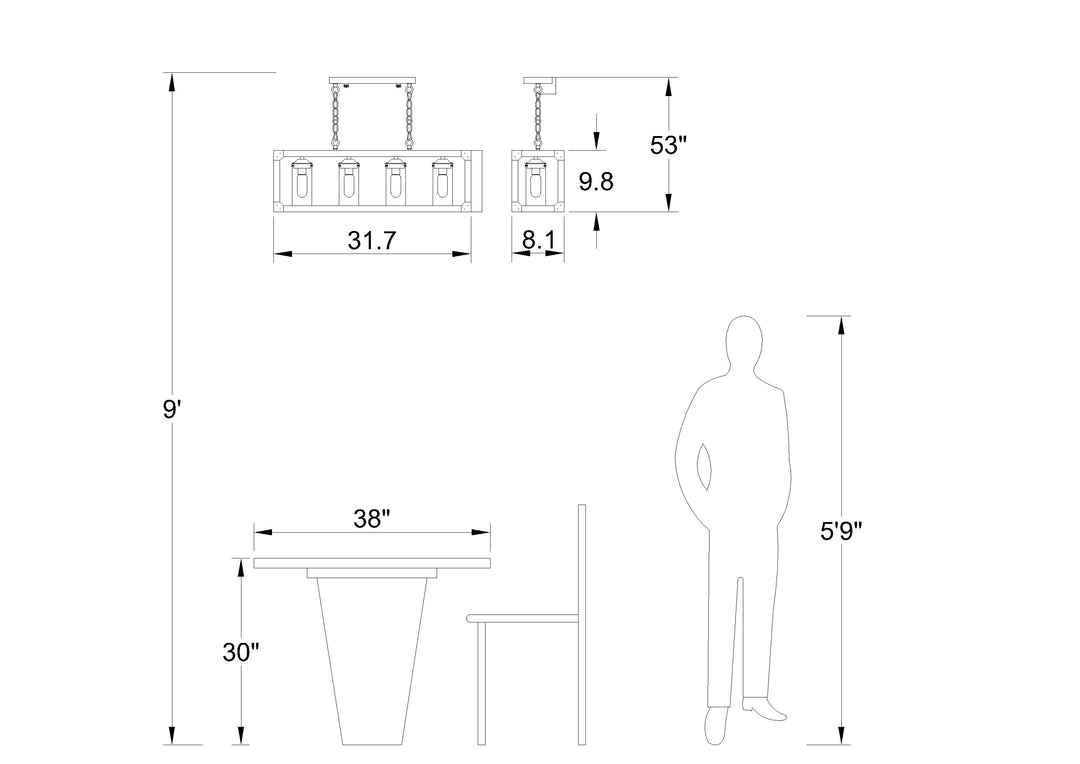 Maxax 4-light Wood Pendant Kitchen Island Rectangle Chandelier #MX19045