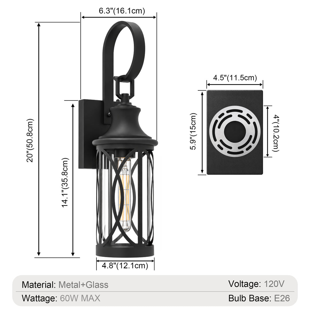 20" Farmhouse Outdoor Wall Sconces with Dusk-to-Dawn Sensor, Waterproof Matte Black Lanterns with Clear Glass, Set of 2 