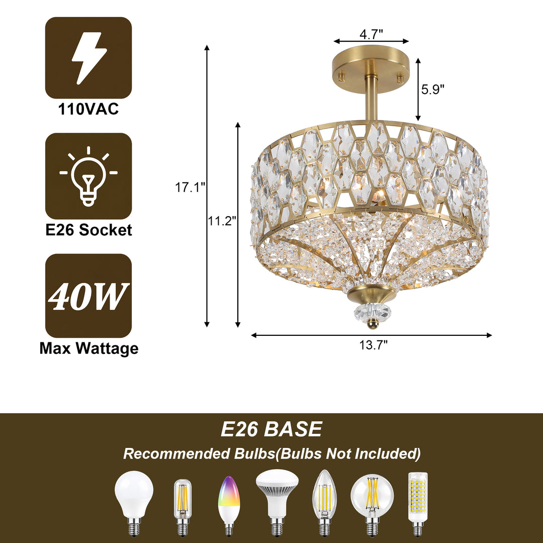 14" 3-Light Polished Brass Drum Semi-Flush Mount Ceiling Light with Crystal Accents for Living Room & Bedroom #19241