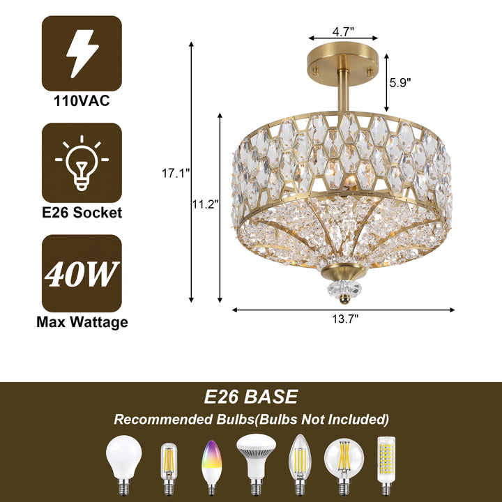 14" 3-Light Polished Brass Drum Semi-Flush Mount Ceiling Light with Crystal Accents for Living Room & Bedroom #19241