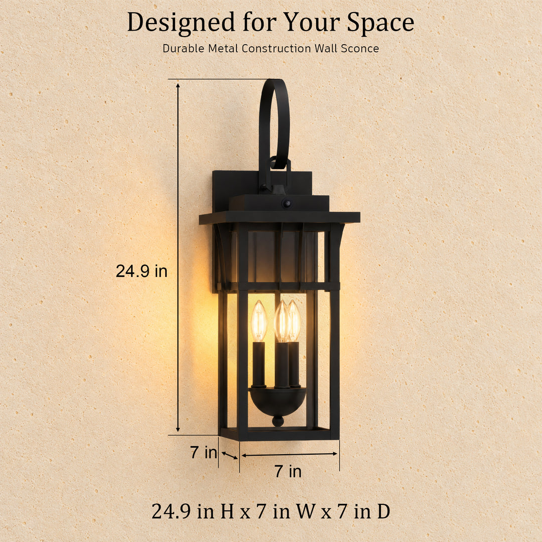 19.7" 2-Light Farmhouse Outdoor Wall Sconce with Dusk to Dawn Photocell, Weatherproof Matte Black Frame &amp; Clear Tempered Glass 
