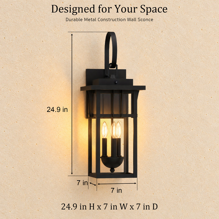 19.7" 2-Light Farmhouse Outdoor Wall Sconce with Dusk to Dawn Photocell, Weatherproof Matte Black Frame &amp; Clear Tempered Glass 