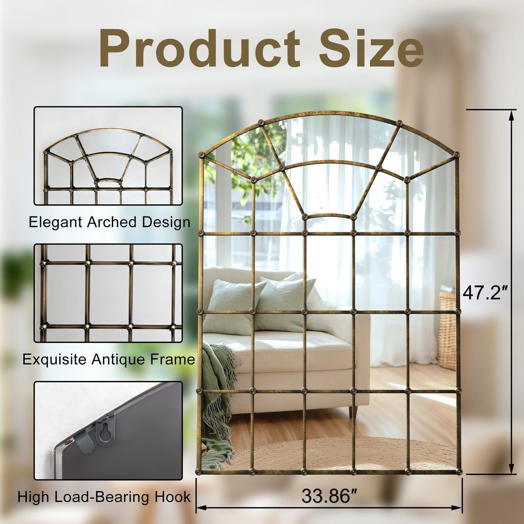 Reflect Vintage Metal Framed Arch Bronze Window & Wall Mantel Mirror For Living Room Entryway #30005