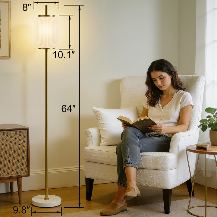 64" Modern Brass Floor Lamp With Ribbed Green Glass Shade And Marble Base, Tall Standing Light For Living Room And Bedroom #