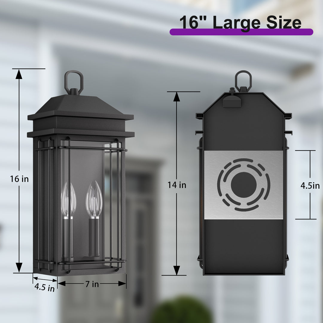Solstice 2 - Light 16''H Black Iron Tempered Glass Outdoor Wall Light With Dusk To Dawn #7083