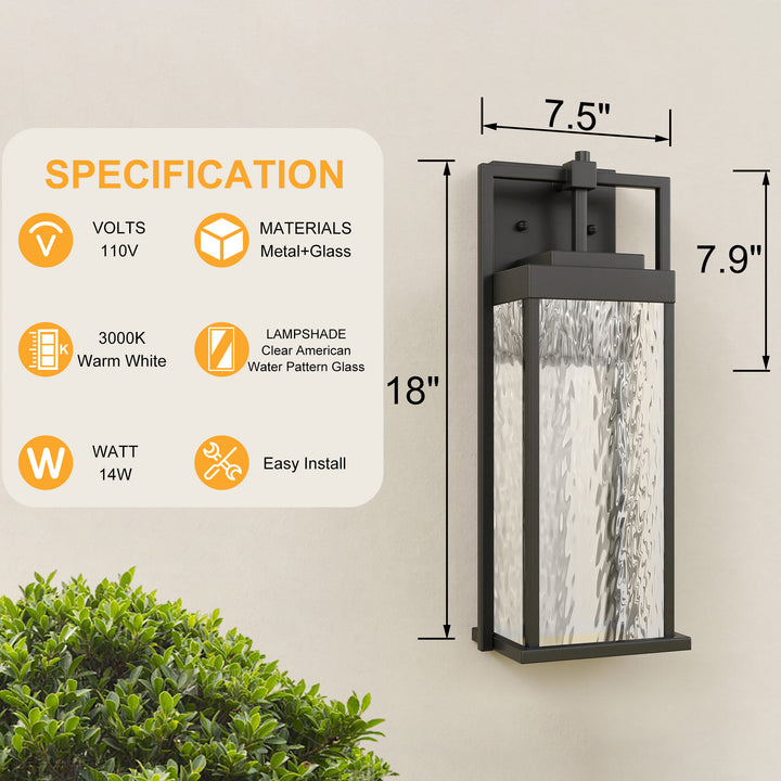 Terrain 18'' H Dimmable LED Black Iron Water Ripple Glass Outdoor Wall Light with Dusk to Dawn #OW7099