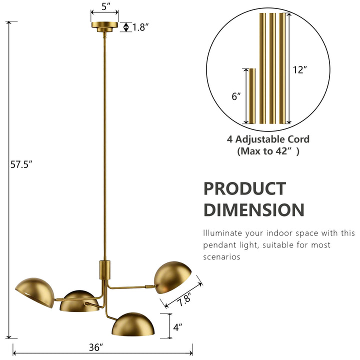 Glimmer 4-light 36" Gray/brass Modern Sputnik Chandelier With Electroplating Shade For Dining Room Or Kitchen #29030