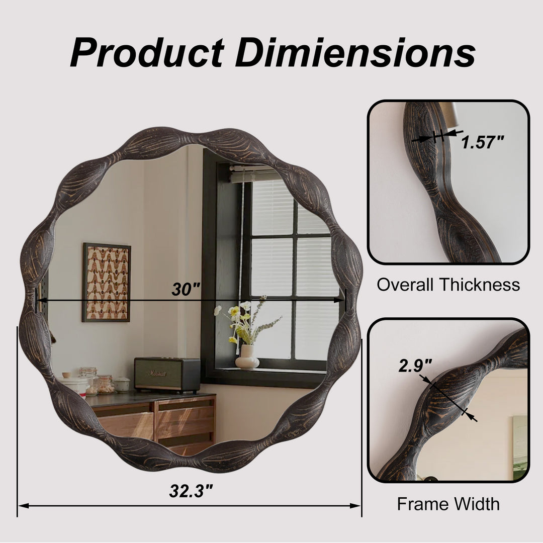Clarity 32.5" Vintage Oval Solid Wood Framed Wavy Organic Design Wall Mounted Vanity Mirror #25036