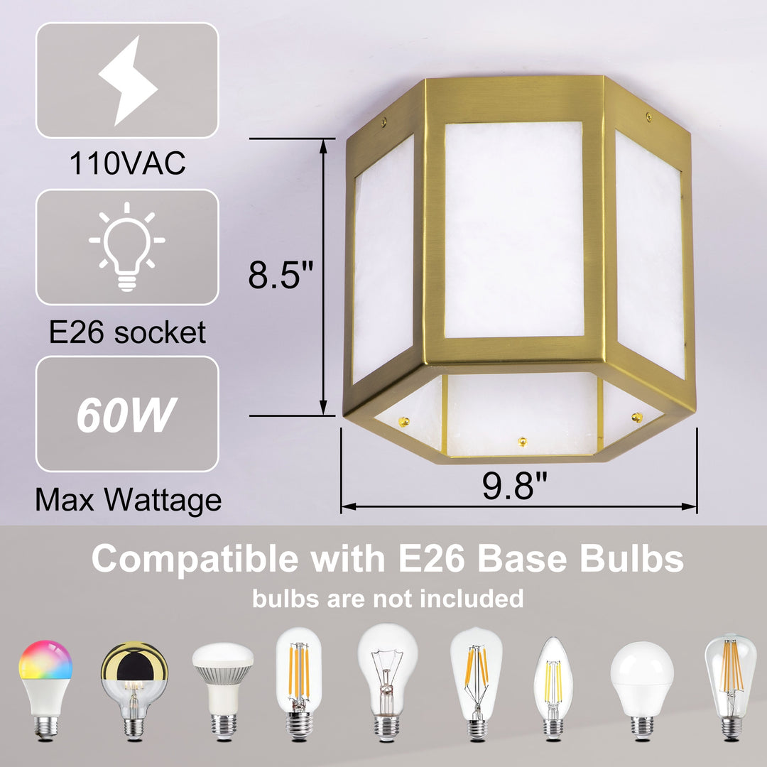 Nest 9.8" 1-Light Modern Brushed Brass White Jade Marble Lantern Flush Mount For Hallway/Entryway/Stairway #19238