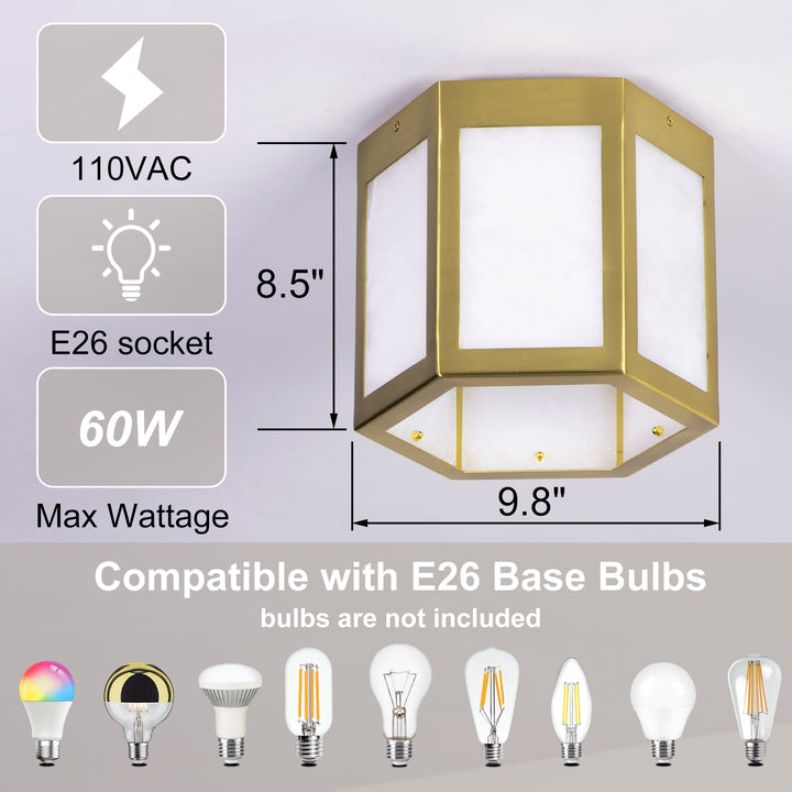 Nest 9.8" 1-Light Modern Brushed Brass White Jade Marble Lantern Flush Mount For Hallway/Entryway/Stairway #19238