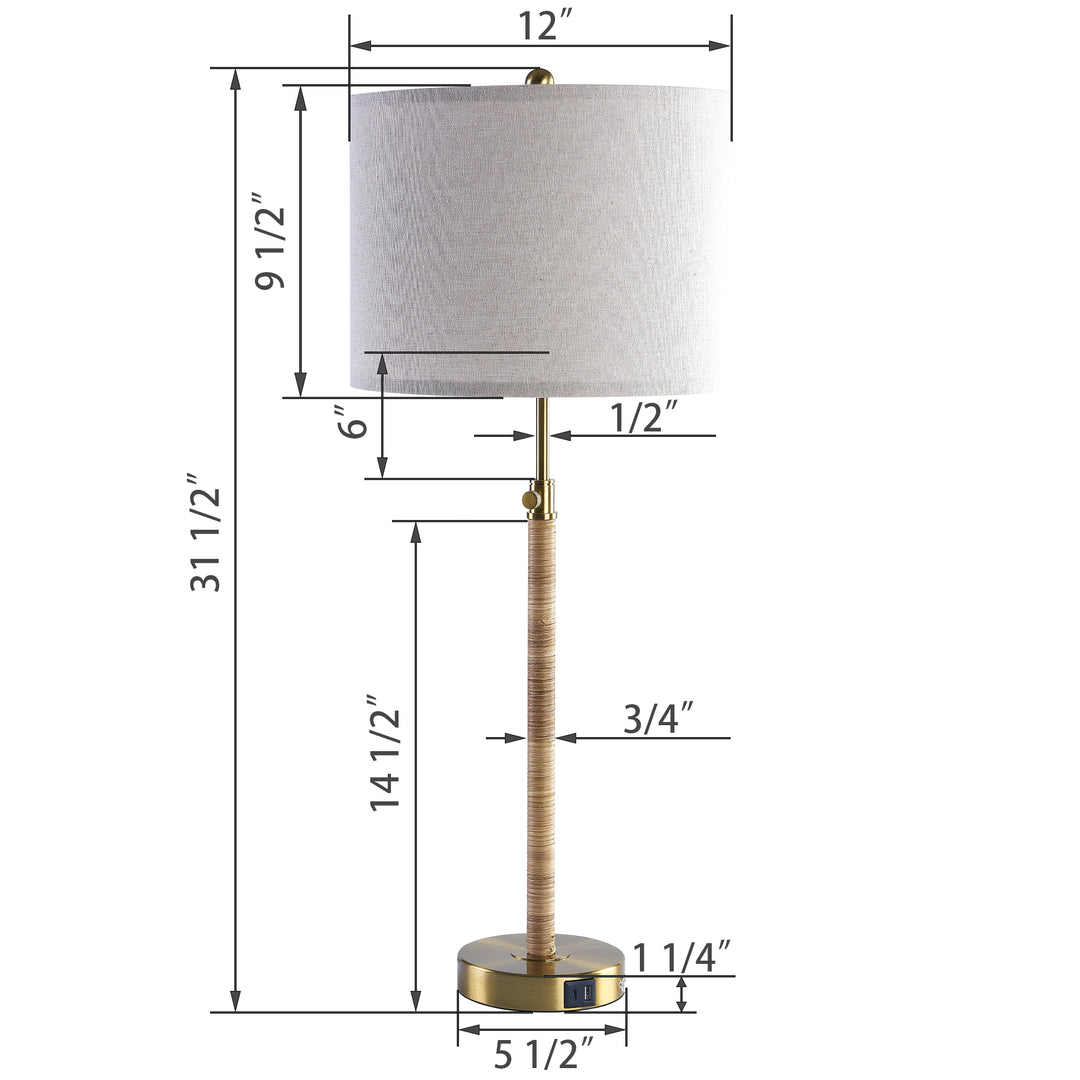 33'' Modern Farmhouse Metal And Rattan Table Lamp With Usb Ports For Living Room/Bedroom