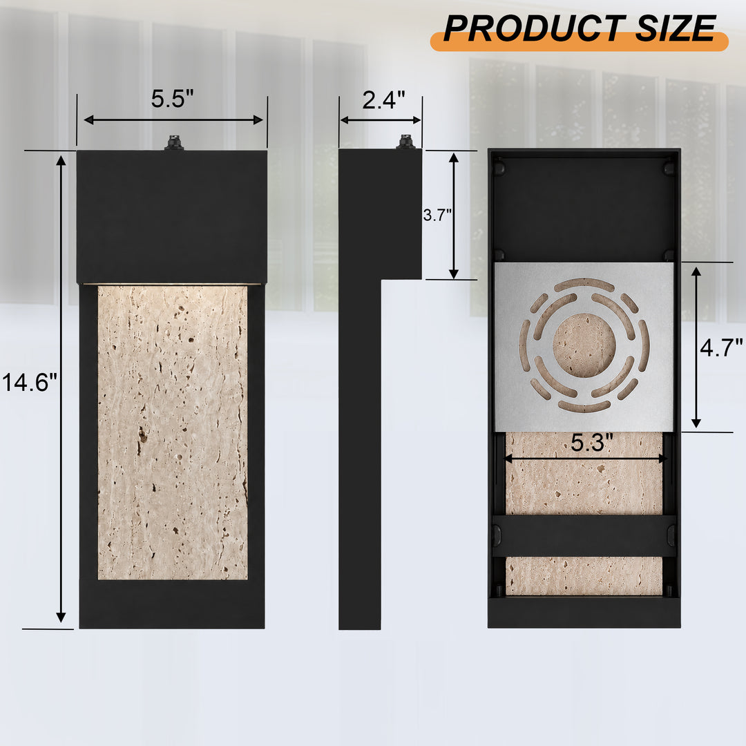 15.1" Modern LED Outdoor Wall Sconce, Dusk-to-Dawn Sensor, Dimmable 3000K, Travertine Stone &amp; Frosted Glass 