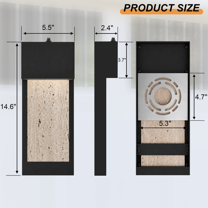 15.1" Modern LED Outdoor Wall Sconce, Dusk-to-Dawn Sensor, Dimmable 3000K, Travertine Stone &amp; Frosted Glass 