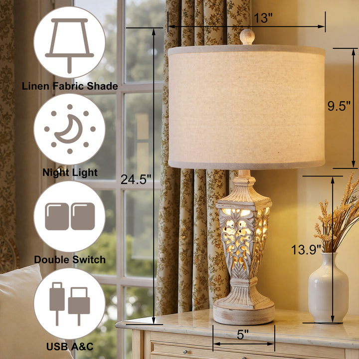 Farmhouse Carved Resin Table Lamp Set with Linen Drum Shades (Set of 2) #T278