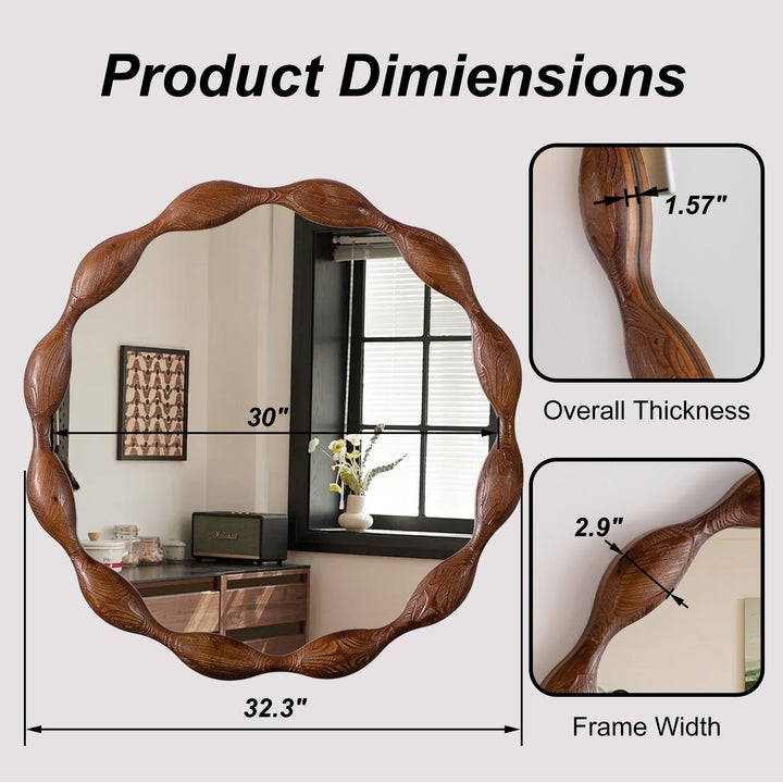 Clarity 32.5" Vintage Oval Solid Wood Framed Wavy Organic Design Wall Mounted Vanity Mirror #25036