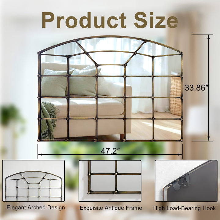 Reflect Vintage Metal Framed Arch Bronze Window & Wall Mantel Mirror For Living Room Entryway #30005