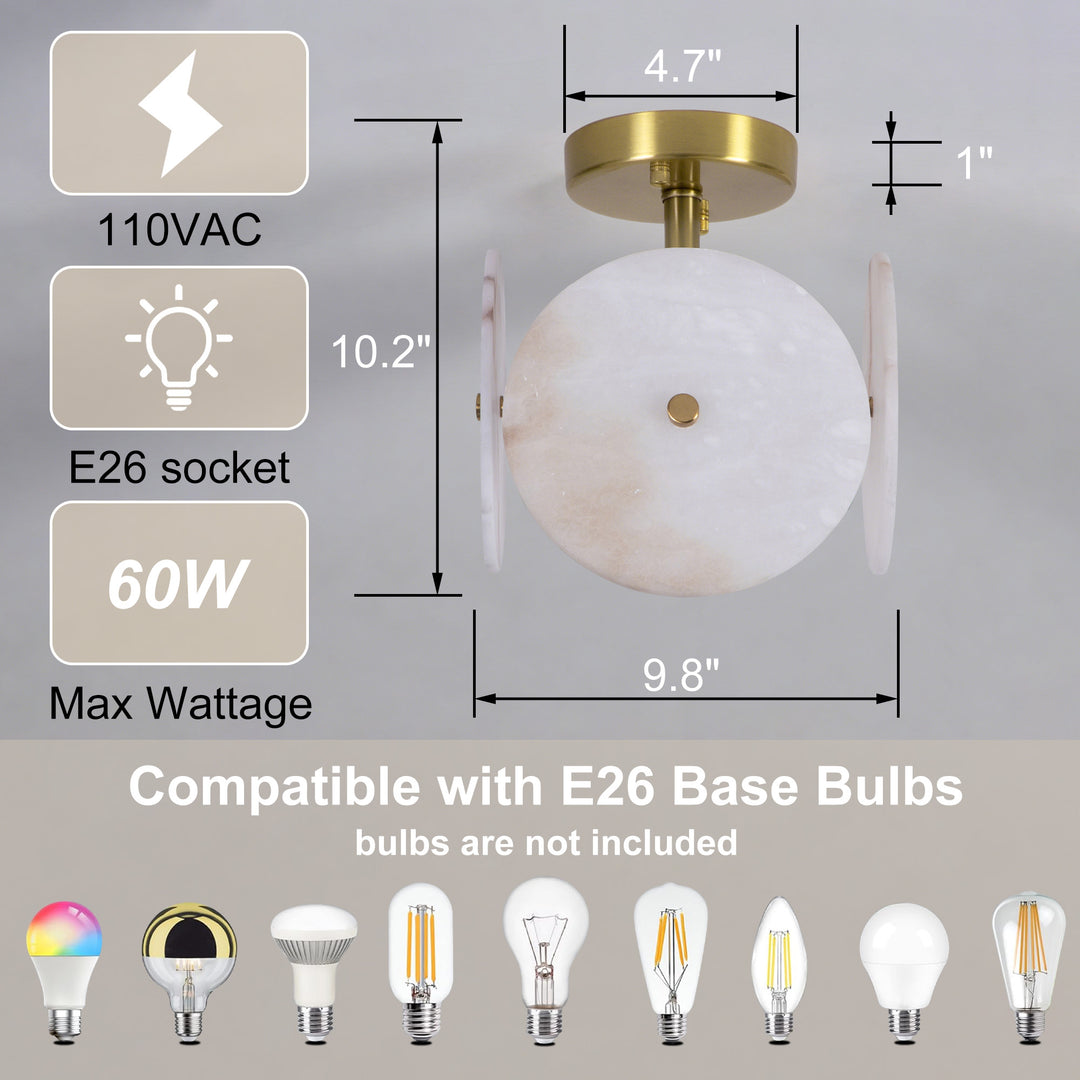 Nest 9.8" 1-Light Modern Brushed Brass Unique/Statement Semi-Flush Mount With White Jade Marble Shade For Hallways, Stairwells & Dining Rooms #19237