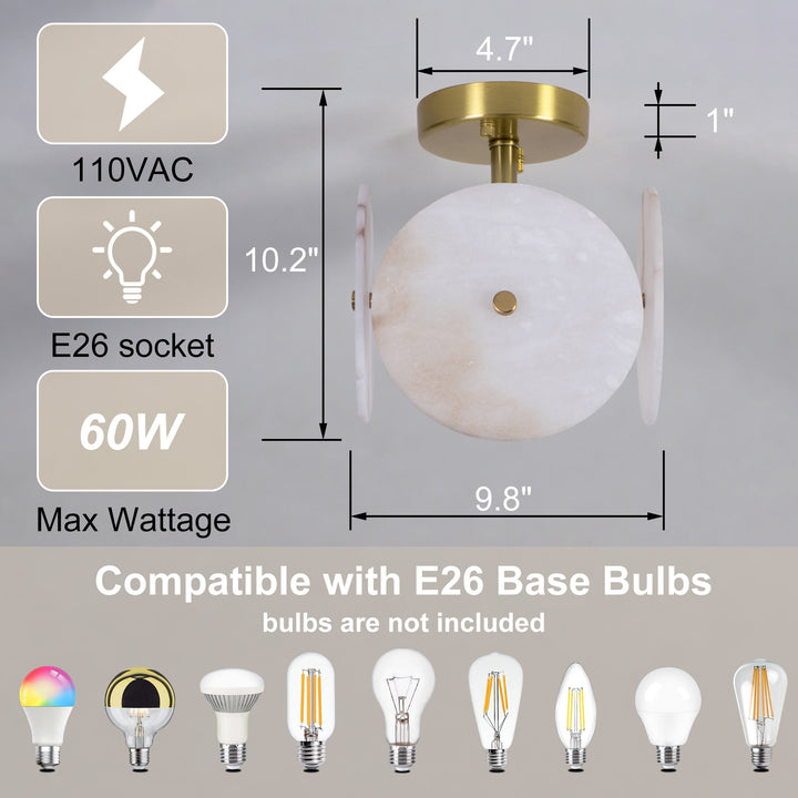 Nest 9.8" 1-Light Modern Brushed Brass Unique/Statement Semi-Flush Mount With White Jade Marble Shade For Hallways, Stairwells & Dining Rooms #19237