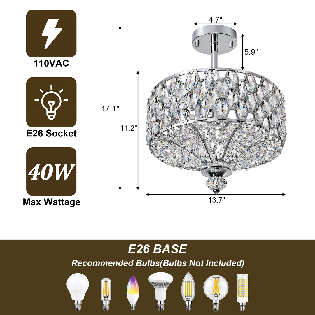 14" 3-Light Polished Brass Drum Semi-Flush Mount Ceiling Light with Crystal Accents for Living Room & Bedroom #19241