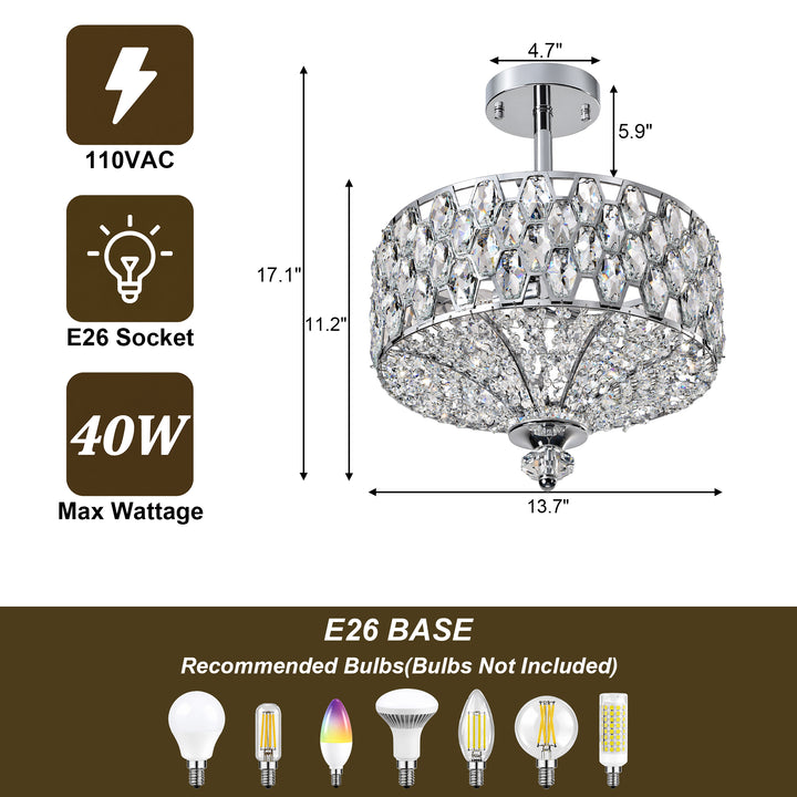 14" 3-Light Polished Brass Drum Semi-Flush Mount Ceiling Light with Crystal Accents for Living Room & Bedroom #19241