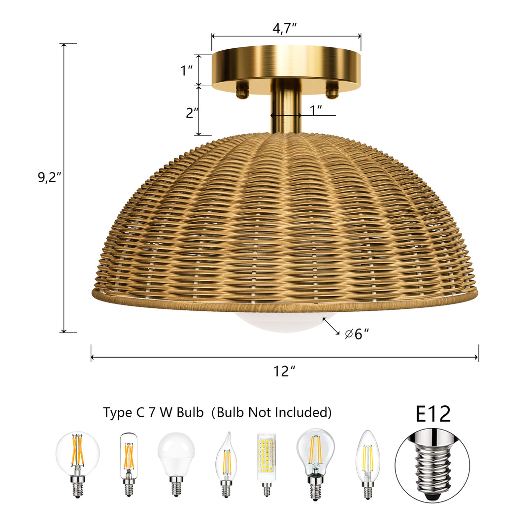 12'' 1-Light Farmhouse Rattan Plait Dome Semi Flush Mount Lighting For Living Room/Bedroom #28022