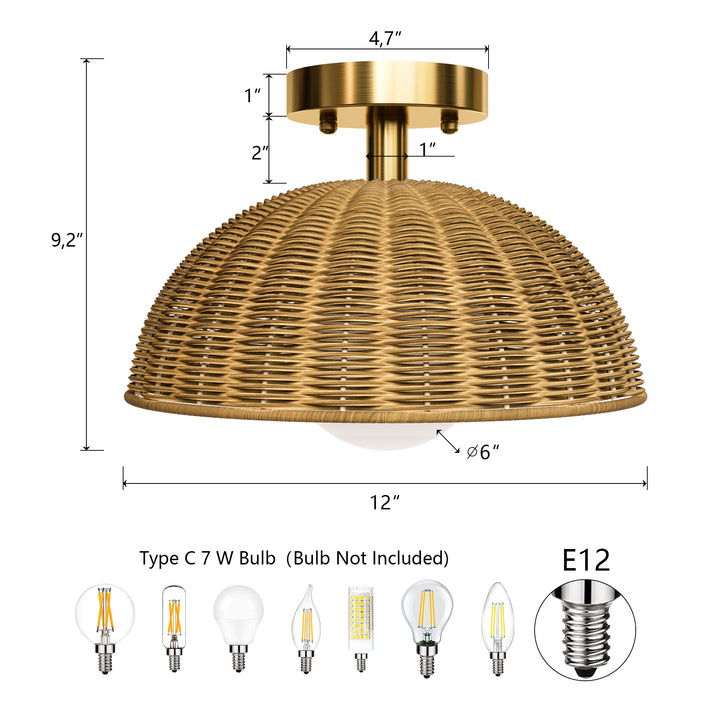 12'' 1-Light Farmhouse Rattan Plait Dome Semi Flush Mount Lighting For Living Room/Bedroom