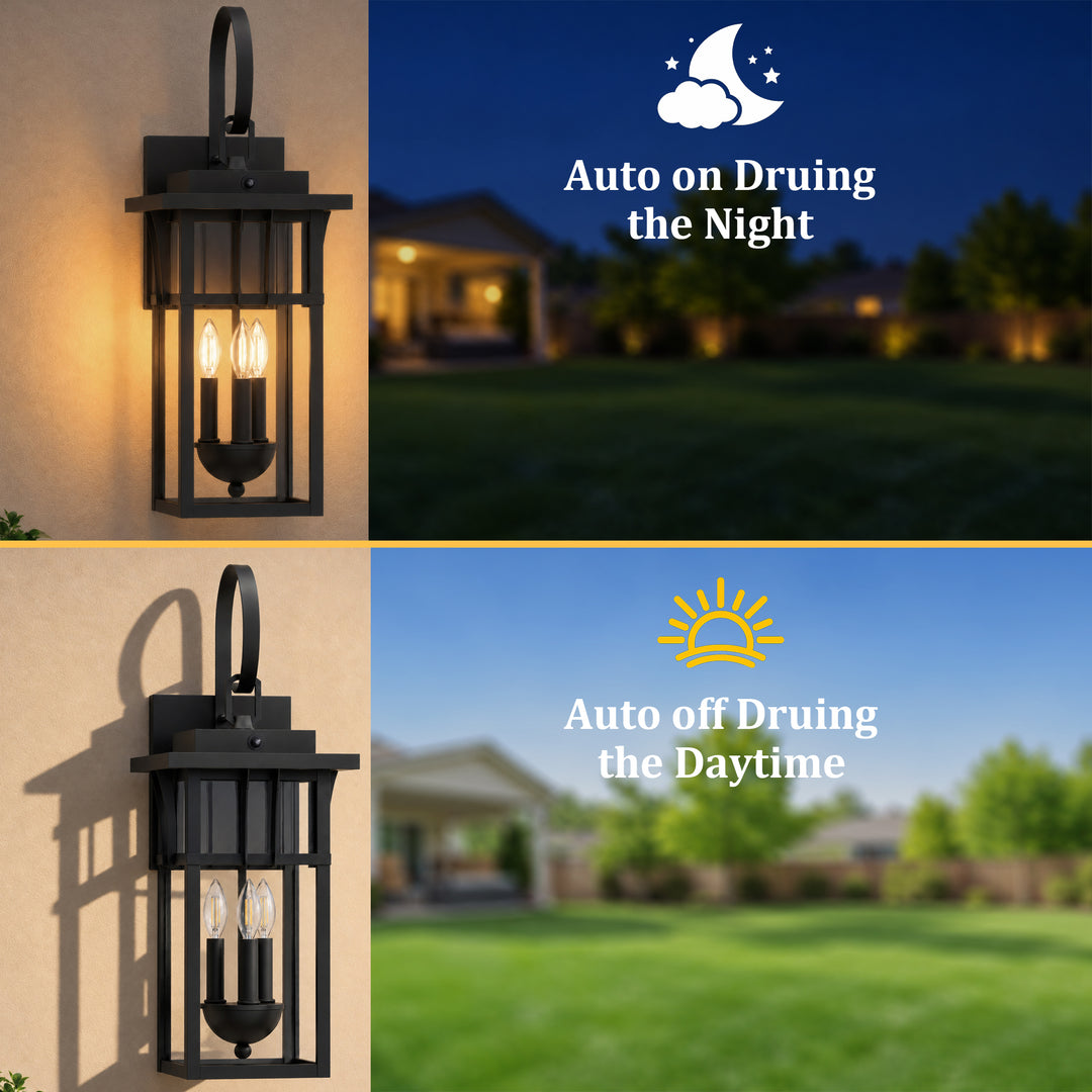 19.7" 2-Light Farmhouse Outdoor Wall Sconce with Dusk to Dawn Photocell, Weatherproof Matte Black Frame &amp; Clear Tempered Glass 