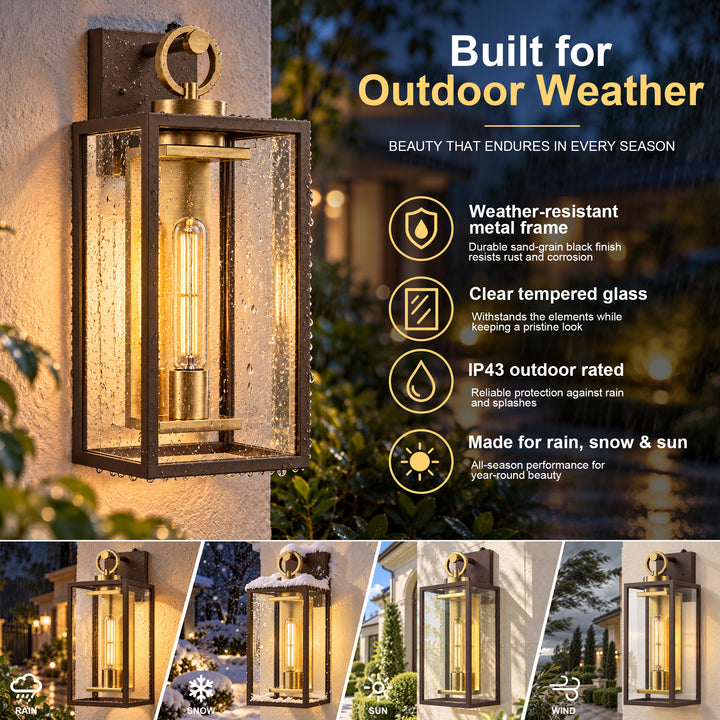 18.11" 1-Light Dusk-to-Dawn Outdoor Wall Sconce, Waterproof Matte Black Lantern with Clear Glass &amp; Brushed Gold Interior 