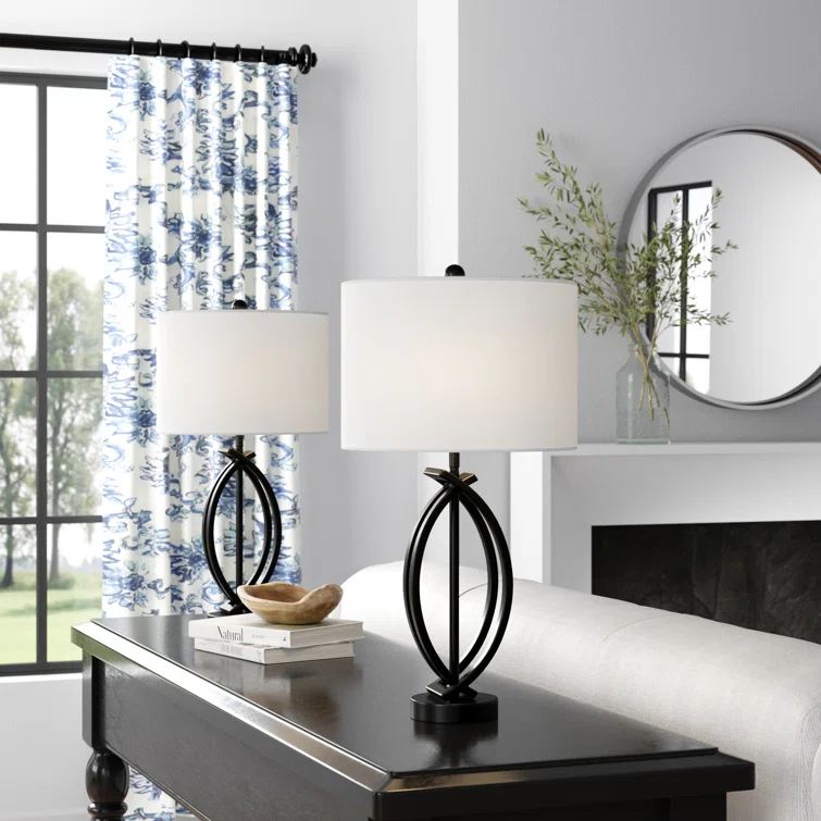 Maxax 26" Creative Black Metal Table Lamp Set of 2 with White Fabric Drum Shade #T81