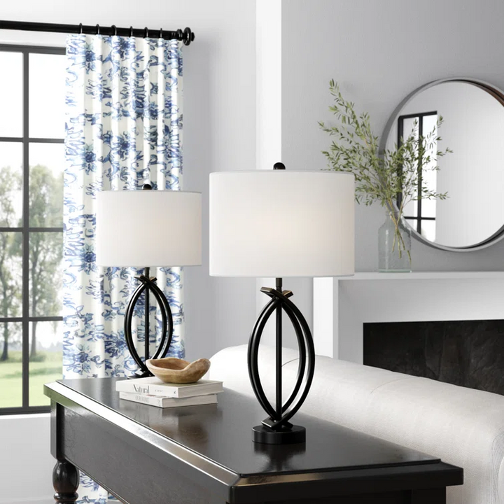 Maxax 26" Creative Black Metal Table Lamp Set of 2 with White Fabric Drum Shade #T81