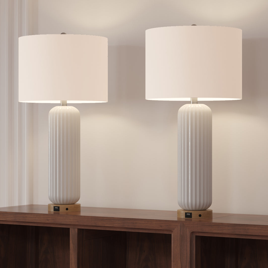 28" Modern Fluted Ceramic Table Lamp with USB Charging Port and 3-Way Dimmable Lighting for Bedroom, Living Room and Study (Set of 2) #T164