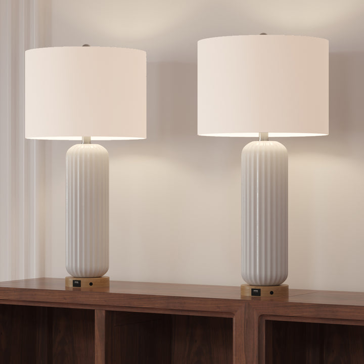 28" Modern Fluted Ceramic Table Lamp with USB Charging Port and 3-Way Dimmable Lighting for Bedroom, Living Room and Study (Set of 2) #T164