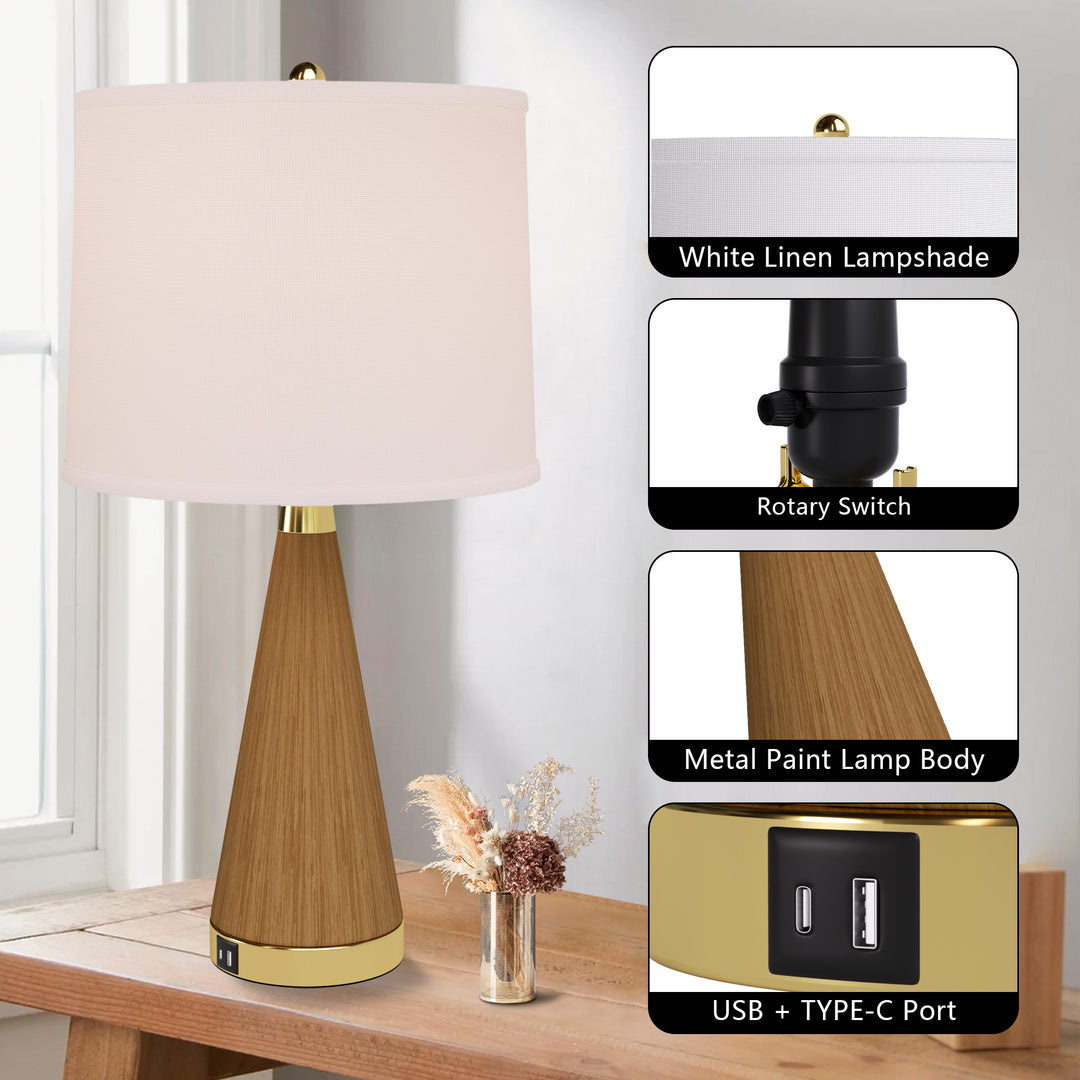 24.5'' Dimmable Wood Grain Metal Table Lamp With Usb Port (Set of 2) #T244