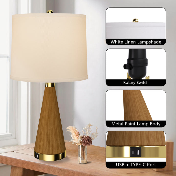 24.5'' Dimmable Wood Grain Metal Table Lamp With Usb Port (Set of 2)