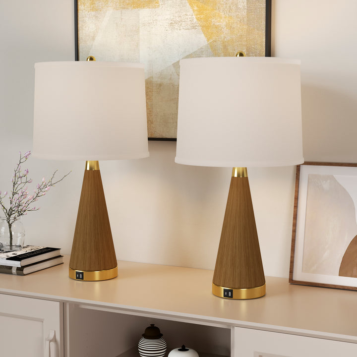 24.5'' Dimmable Wood Grain Metal Table Lamp With Usb Port (Set of 2) #T244