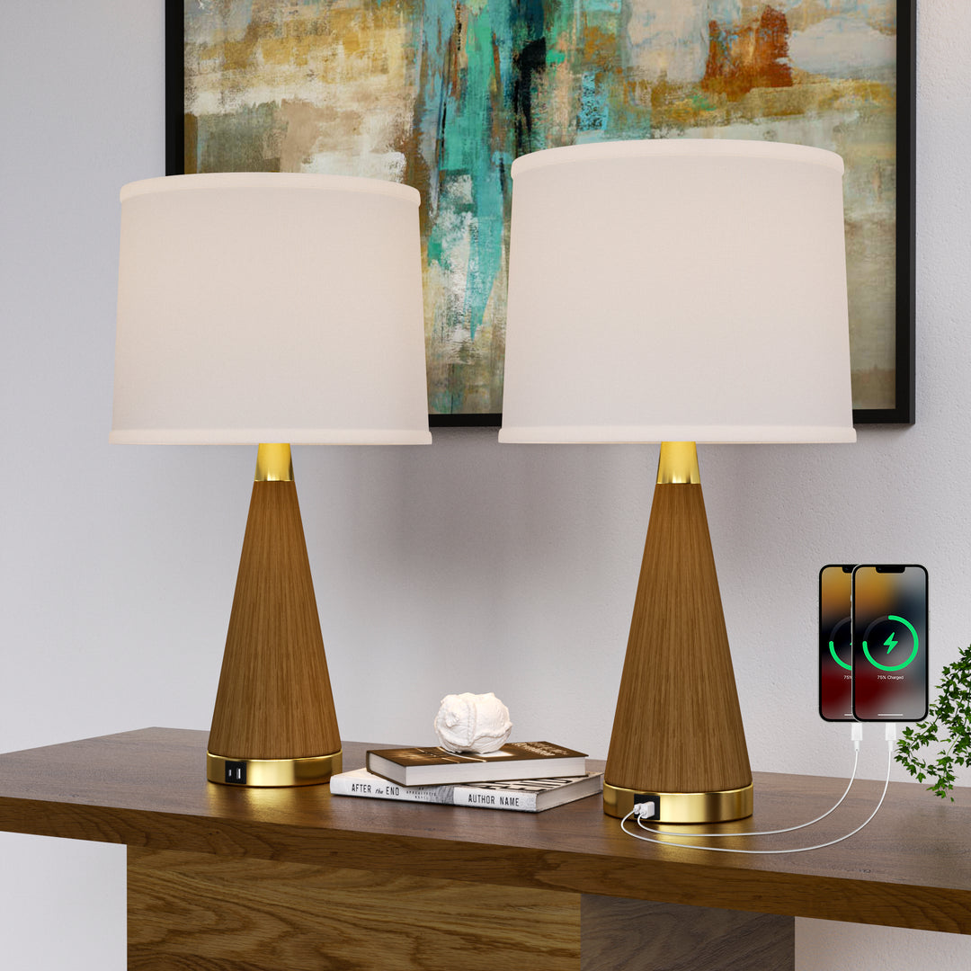 24.5'' Dimmable Wood Grain Metal Table Lamp With Usb Port (Set of 2) #T244