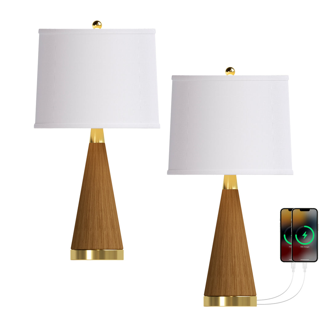 24.5'' Dimmable Wood Grain Metal Table Lamp With Usb Port (Set of 2)