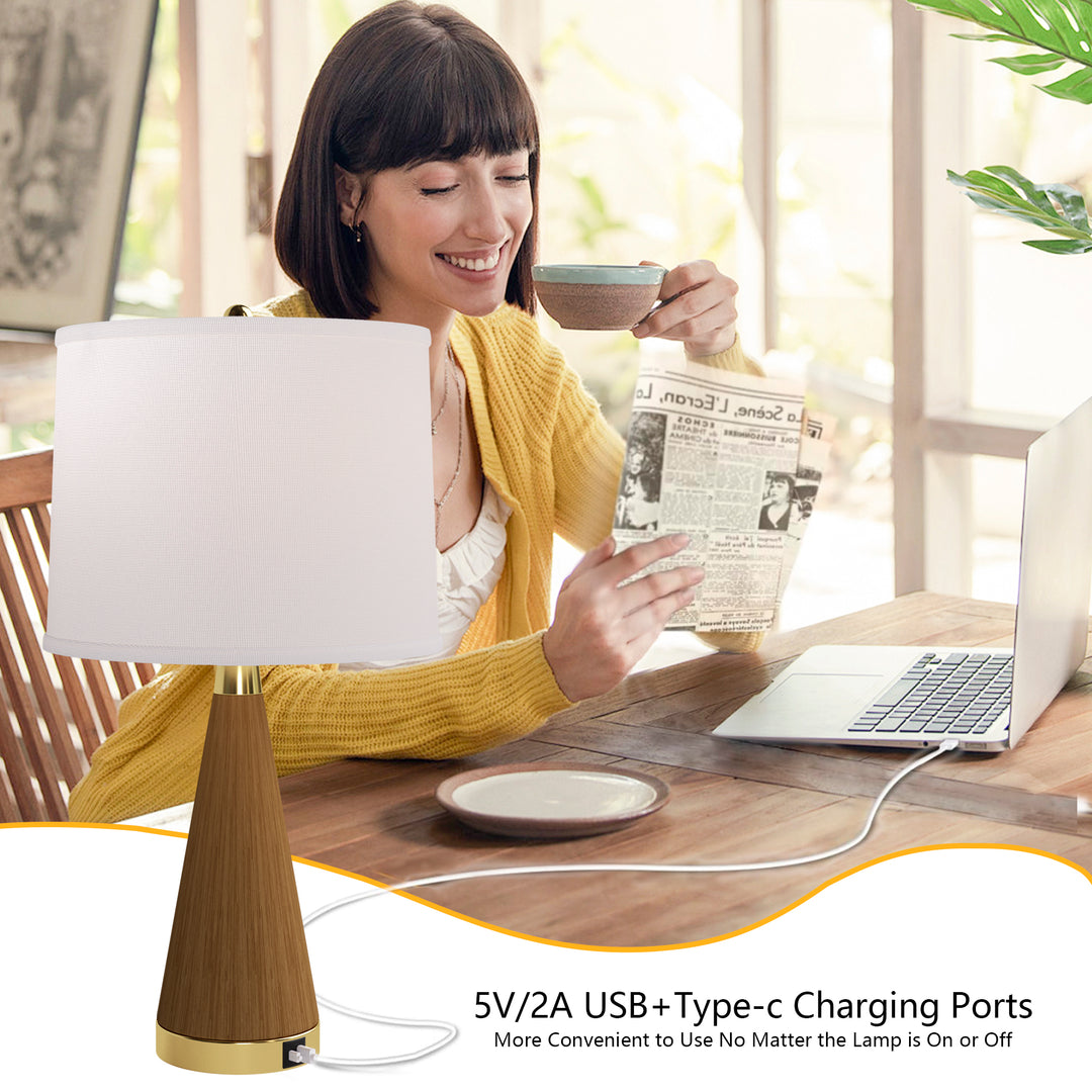 24.5'' Dimmable Wood Grain Metal Table Lamp With Usb Port (Set of 2) #T244